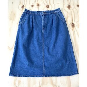Lands End Vintage Size 14P Classic  Denim MIDI Skirt High Stretchy Waist Style